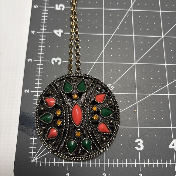 Vintage Emmons‎ Necklace Pendant Brooch Art Deco Enamel Green Coral Gold Tone - Picture 6 of 7